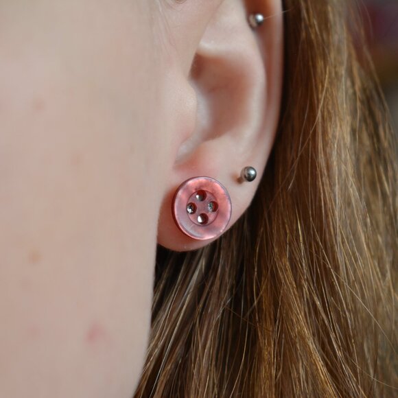 Burgundy Pink Button Stud Earrings - Picture 5 of 6